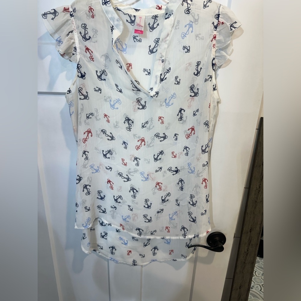 No Boundaries White Flutter Sleeve anchor Blouse with Bib Collar